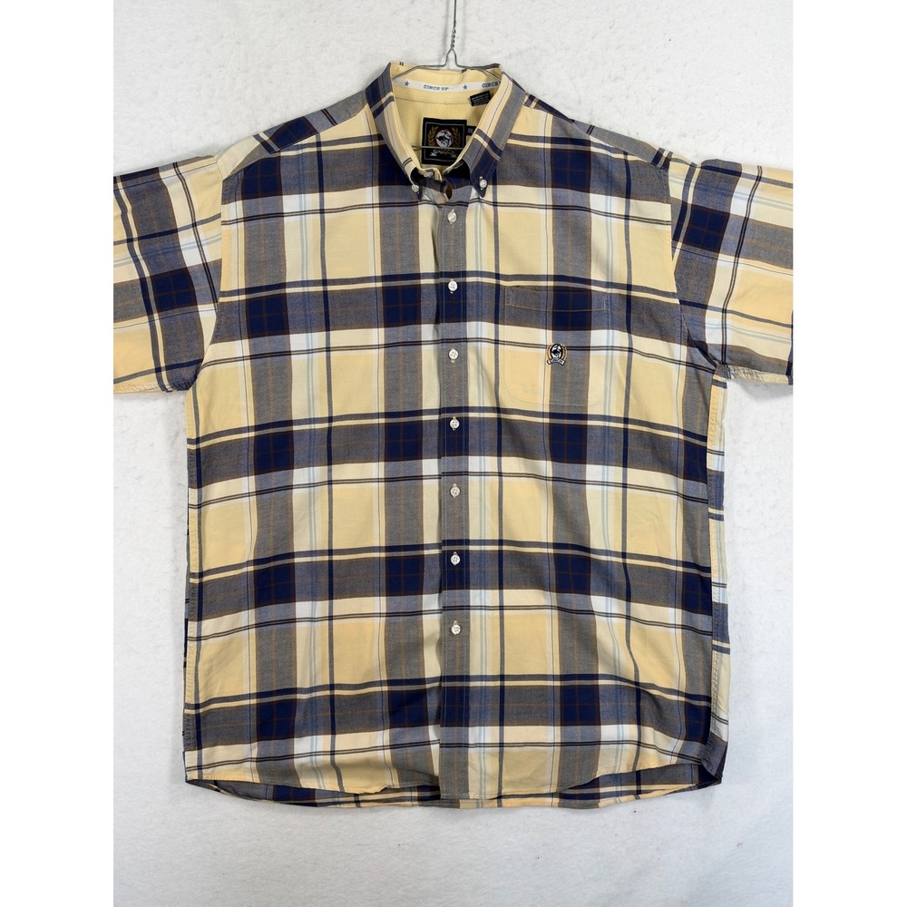 Cinch Mens XXL Short Sleeve Button Down Shirt Yellow Navy Blue Plaid Cotton
